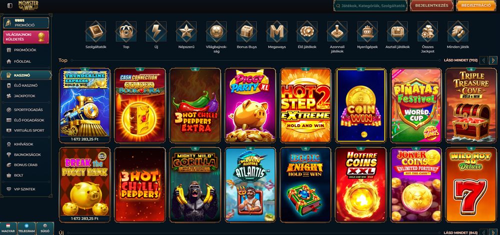 MonsterWin játéklobbi jackpot-számlálókkal